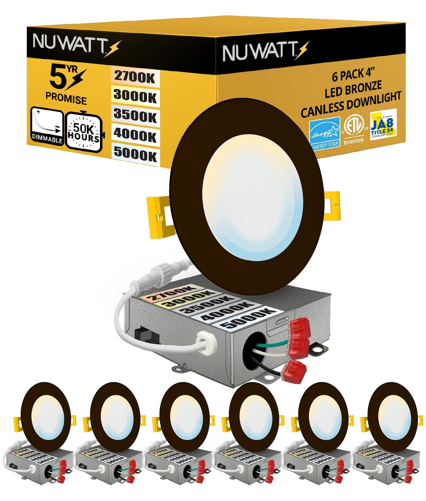 NUWATT 6 Pack 4 Inch Ultra-Thin Bronze LED Recessed Lighting, 5CCT 2700K/3000K/3500K/4000K/5000K Selectable, 630 Lumens, IC Rated, Dimmable Canless Wafer Light, Slim Panel Light, Metal J-Box, ETL
