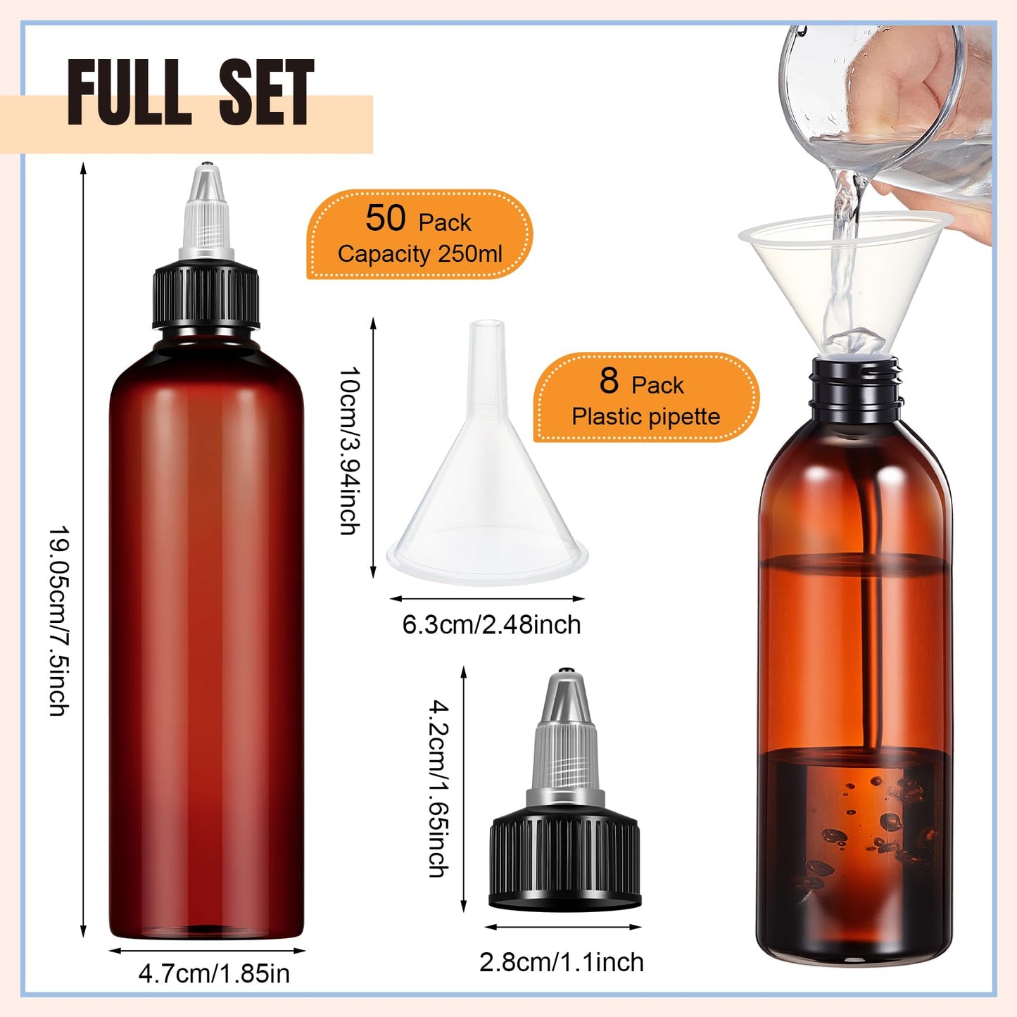 Barydat 50 Pcs 8 oz Squeeze Bottle Twist Top Applicator Bottles Empty Hair Oil Bottle with Funnels Refillable Amber Plastic Bott