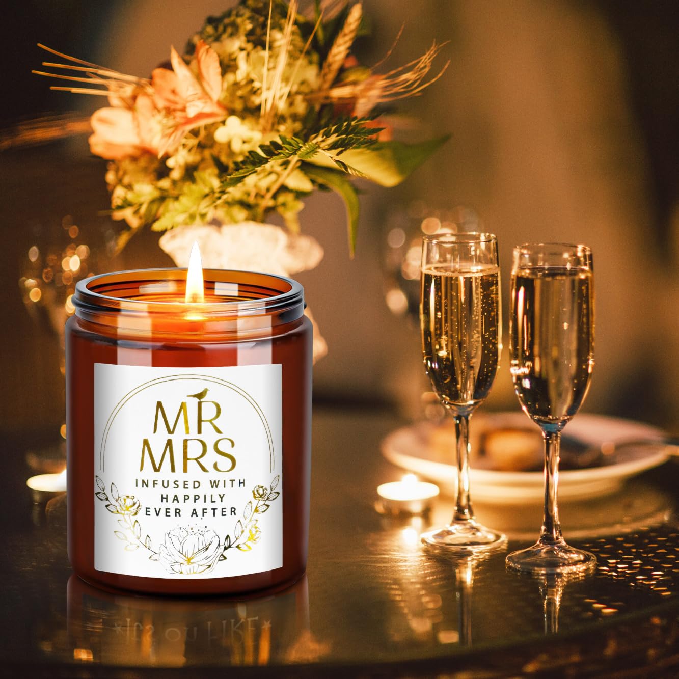 Briojoy Wedding Gifts for Bride, Groom - Mr and Mrs Candle - Happy Engagement Gift for Her, Bride to Be - Gifts for Bridal Shower, Newlywed, Married Couples Anniversary - Jasmine Scented Soy Candle