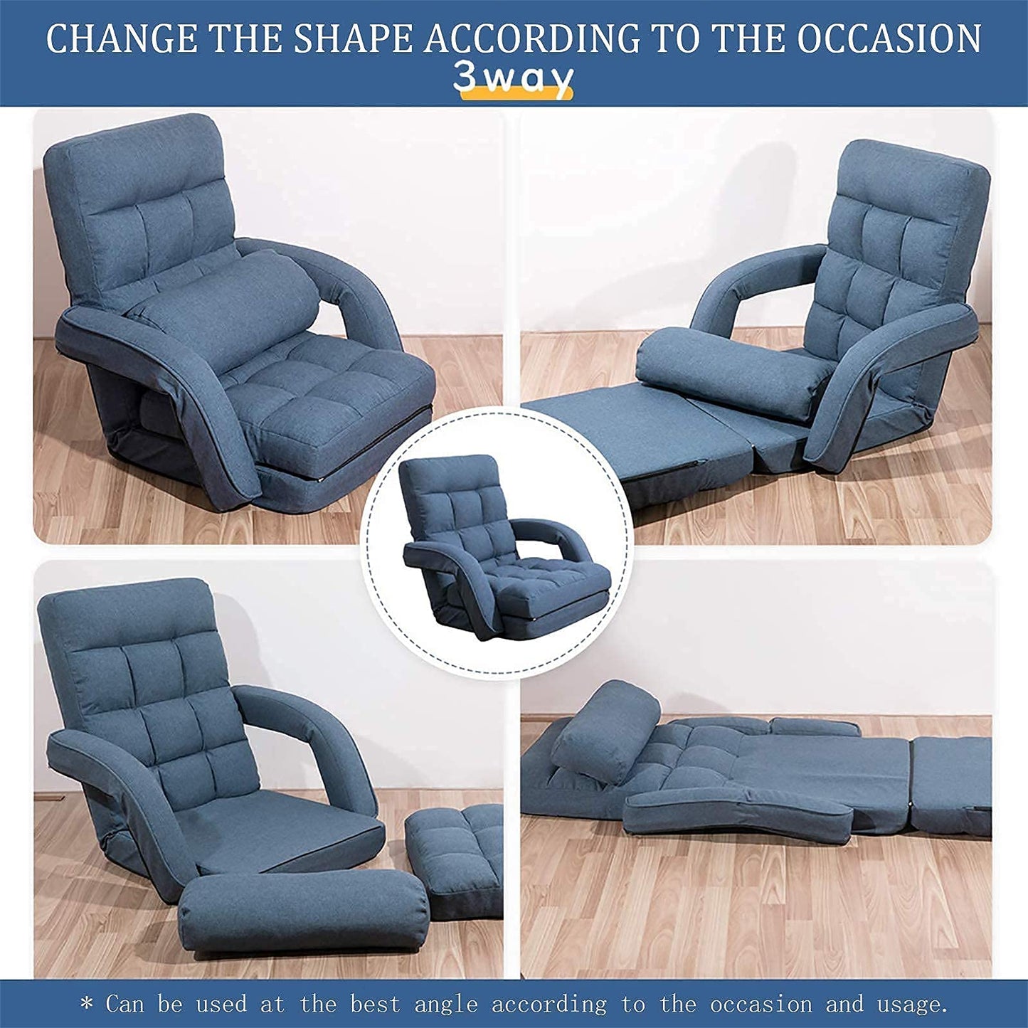 FLOGUOR 14-Position Adjustable Floor Chair, Chaise Lounge Indoor, Folding Lazy Sofa with Armrests and a Pillow Padded Adults Gaming Chairs for Living Room, Bedroom Factory Price (Blue) 8803BL