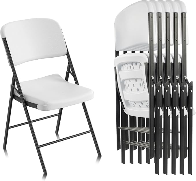 Elevon Folding Chairs Heavy Duty Plastic Chairs with 350-Pound Capacity for Home Office Camping Kitchen Dining Wedding Party Event Picnic, White, 6-Pack