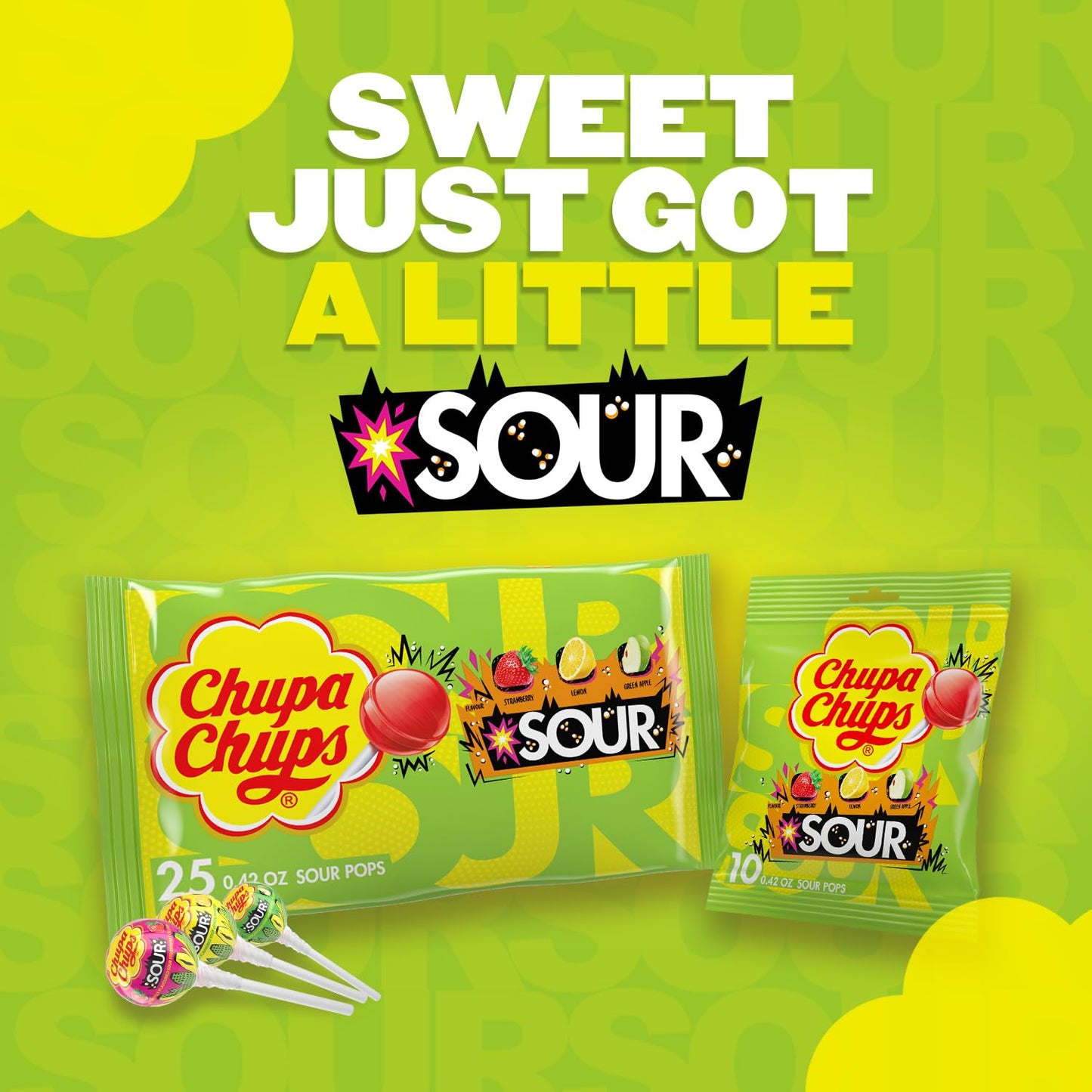 Chupa Chups Sour Fruit Lollipop Assortment, 3 Sour Flavors, Individually Wrapped Candy for Kids, 10.5 OZ Bag (25 Suckers) (Pack of 2)