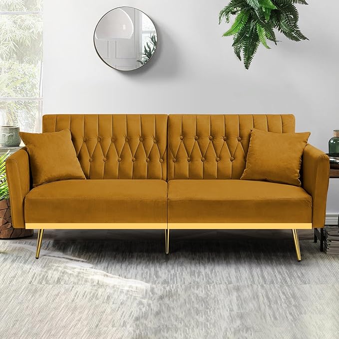 ACMEASE 70” Velvet Futon Sofa Bed with 2 Pillows and Adjustable Armrests, Convertible Sleeper Bed W/Adjustable Backrests, Modern Loveseat for Living Room, Bedroom, Ginger