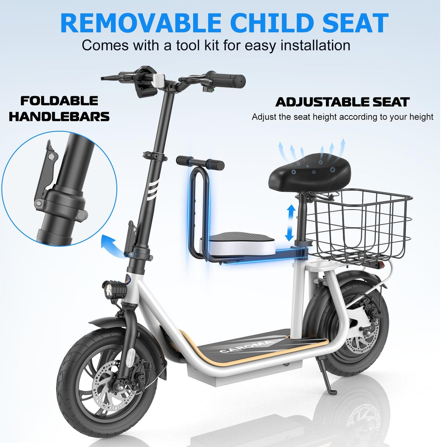 Caroma Peak 1200W Electric Scooter with Seat, Electric Scooter Adults with 12" Shock-Absorbing Tires, 500Wh Battery up to 30 Miles&20MPH, Foldable Electric Bike with Seat for Commuting(White)
