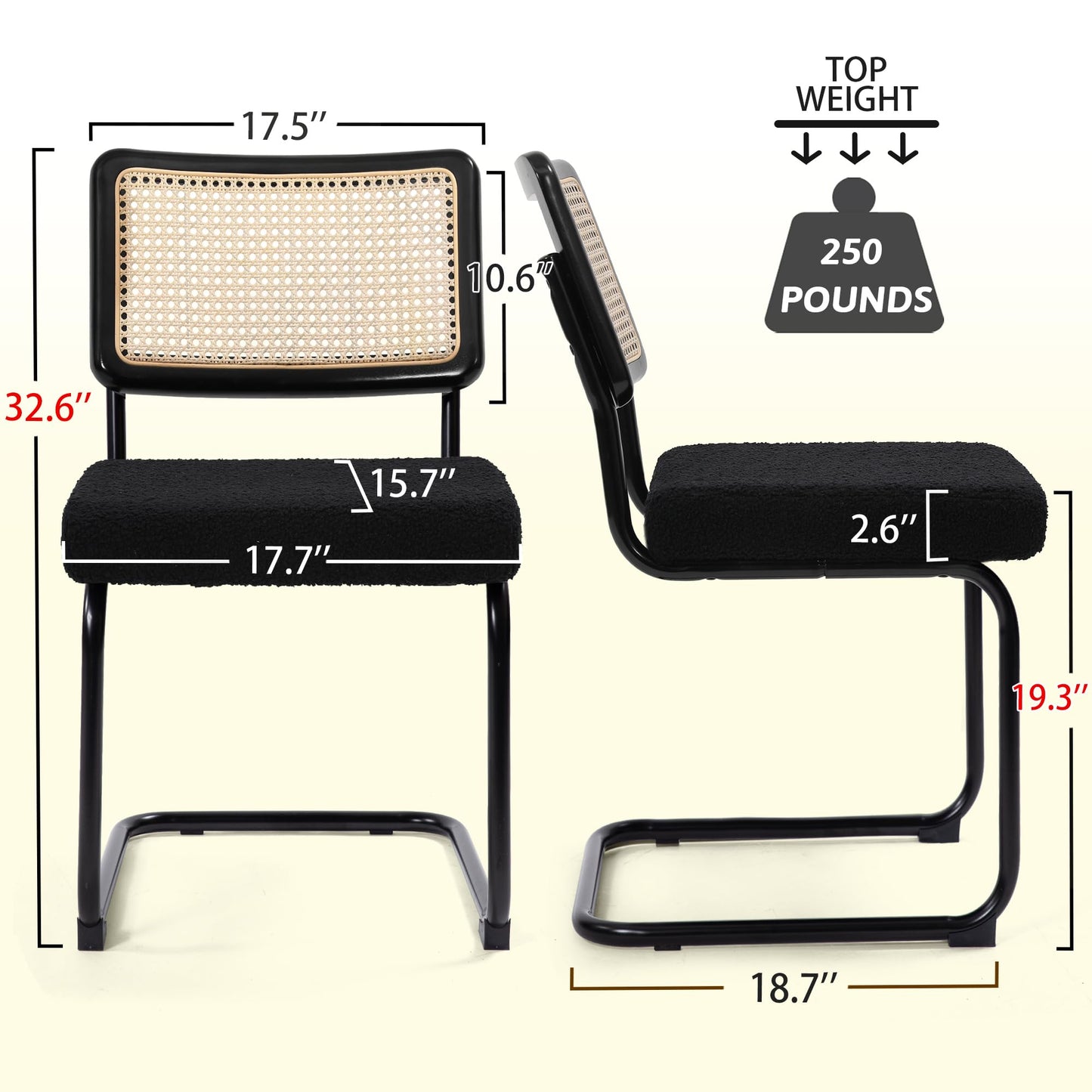 KROFEM Modern Cesca Cane Dining Chairs, Set of 4, Handwoven Rattan Cane Back, Chrome Base, Upholstered Boucle Seat, Ideal for Kitchen or Dining Room, Black