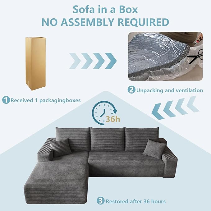 95" Cloud Sectional Couch with L-Shape Chaise, Modern Corduroy Boneless Couch for Living Room,Memory Foam Sofa with Deep Seat,No Assembly Required (Dark Gray,Left-Facing Chaise)