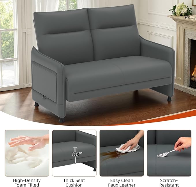 Tbillionnext Faux Leather Loveseat, Upholstered Loveseat with Hidden Foldable Tray & Side Pocket, Rear Contour Arm Design, Modern 2-Seater Sofa Couch for Small Spaces, Bedroom, Gray