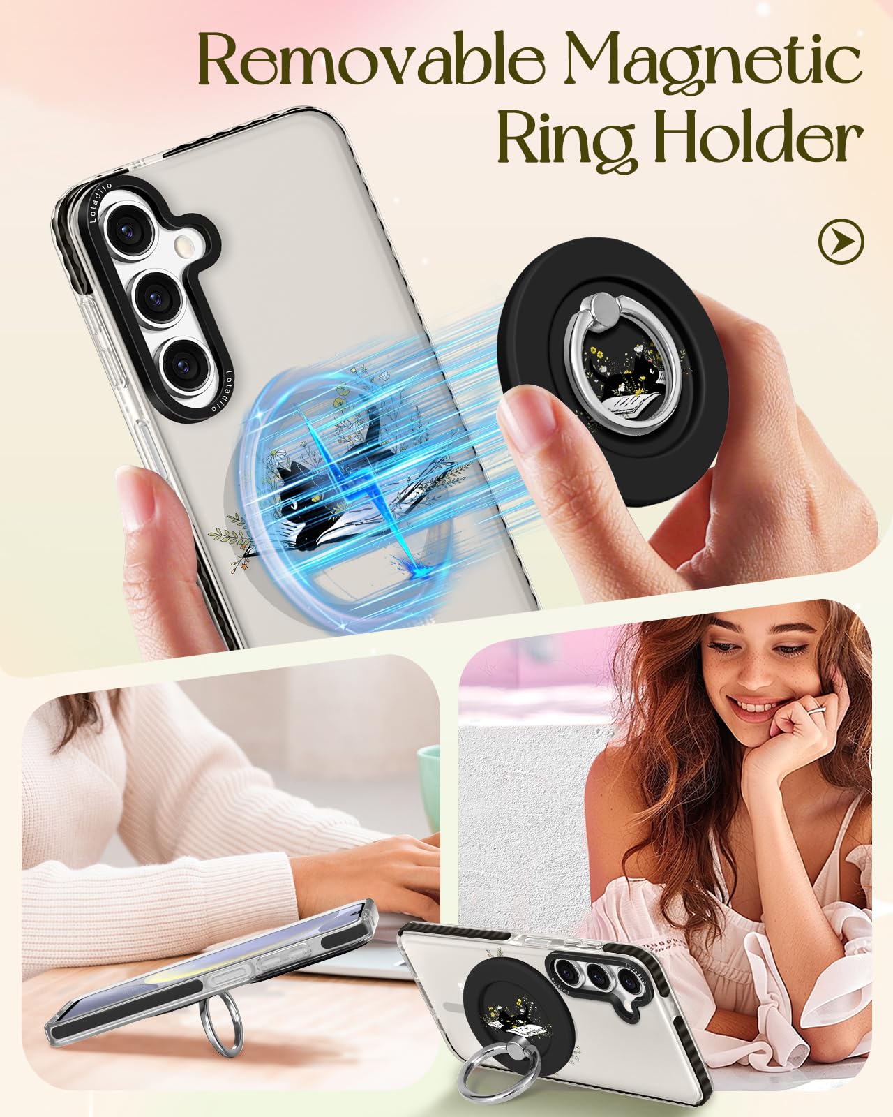 Lotadilo For Samsung Galaxy A15 5G Case For Women - Girls Cute Design Compatible With Magsafe Magnetic Ring Holder Stand Cat Flo