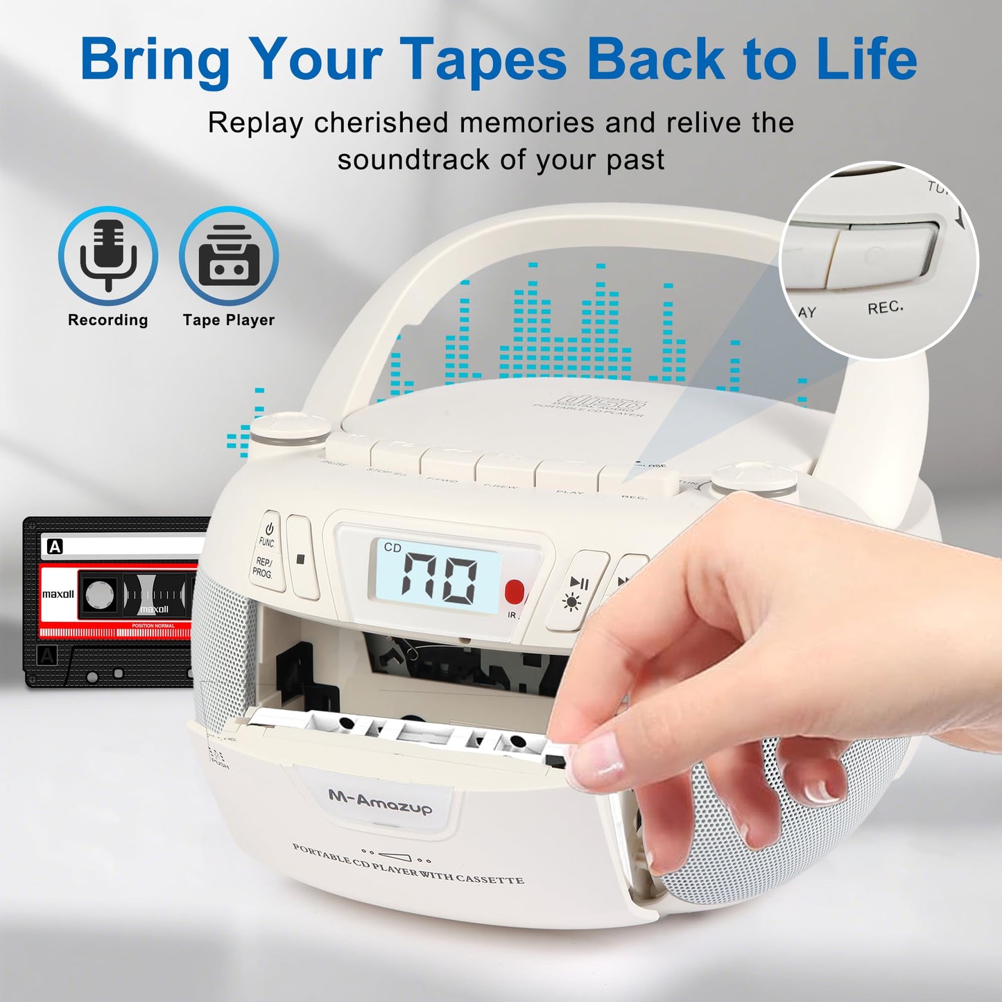 M-Amazup Boombox Cd Player Portable Cassette Player With Cd Mp3 Bluetooth Aux Tf/Usb Am/Fm Radio Ac/Dc Powered With Remote Contr