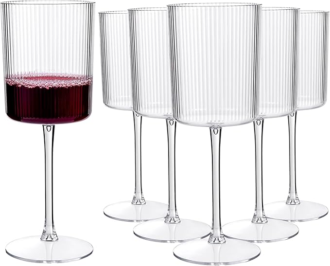 YOUBET 24 Pack Plastic Ribbed Wine Glasses - 10 OZ Clear Square Wine Glasses with Stem - Heavy Duty Vintage Disposable Cha...
