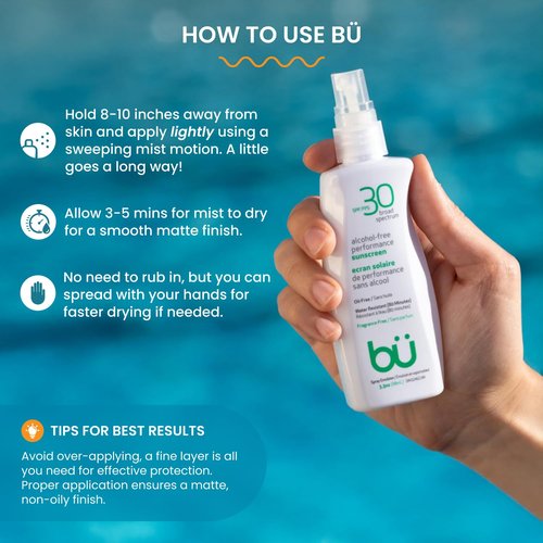 BU SPF 30 Sunscreen Spray for Face and Body, Fragrance Free, TSA Travel Size Sunscreen, Clear, Non Greasy, Water Resistant, for Sensitive Skin, 3.3 oz (3 Pack)