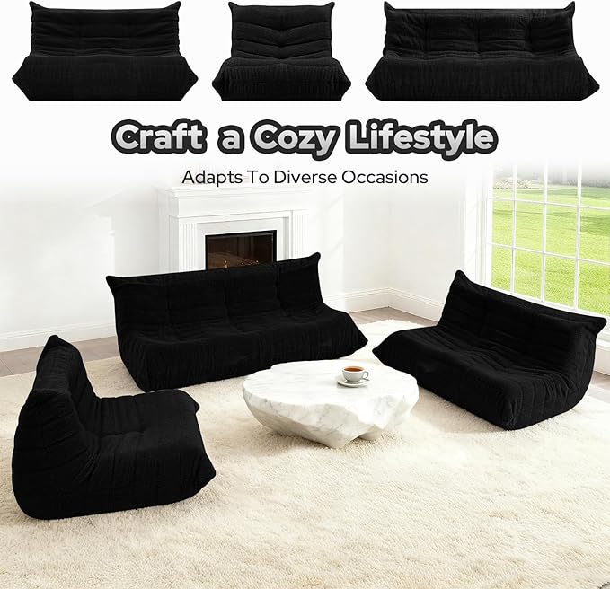 HABUTWAY Bean Bag Chairs Fireside Lazy Floor Sofa, Soft Teddy Fleece 3 Seater Sofa with High-Resilience Foam Filling，Beanbag for Living Room, Bedroom, Office (Black Teddy)
