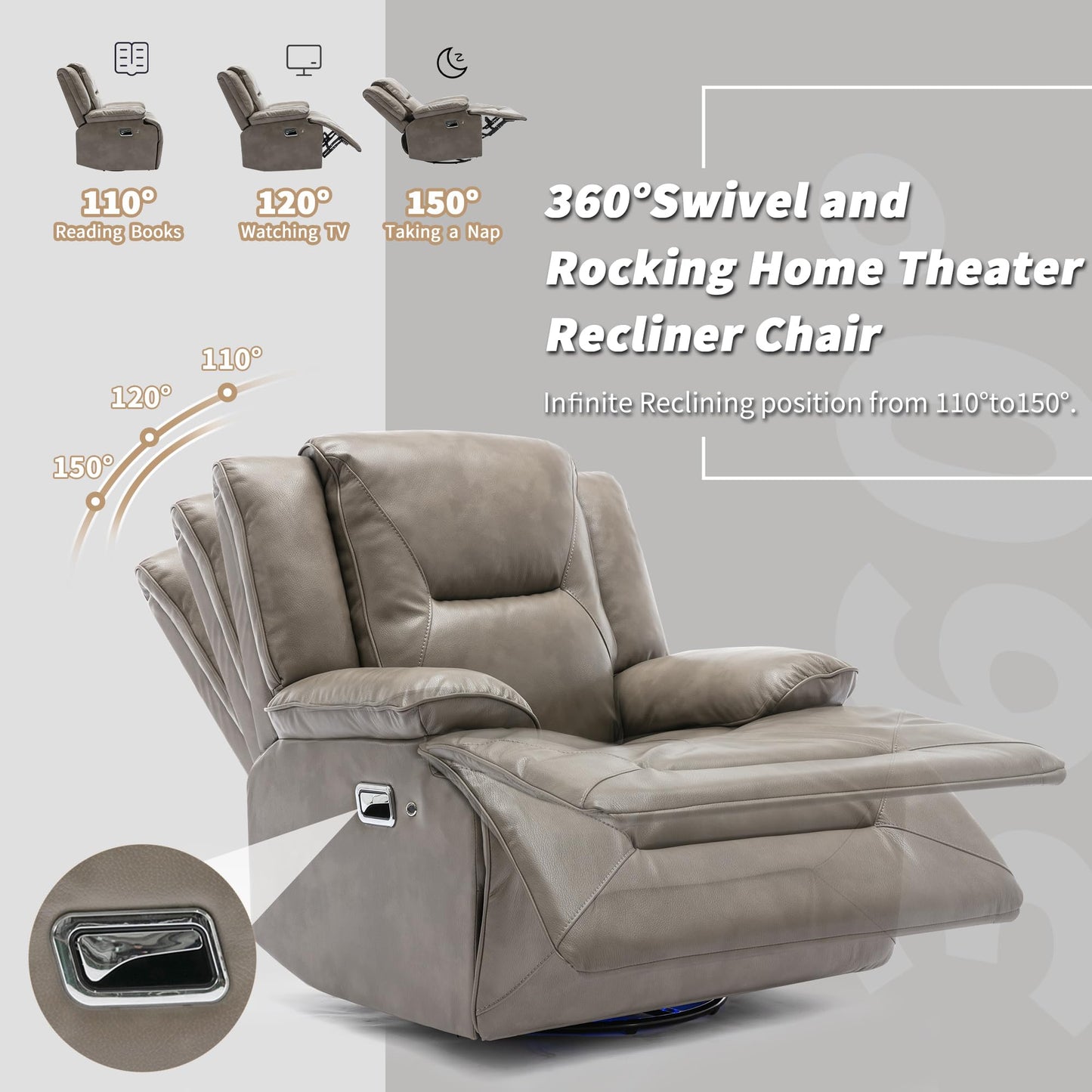 Merax 1 Seater 360° Swivel and Rocking Home Theater Recliner Manual Chair with a LED Light Strip for Living Room,Bedroom