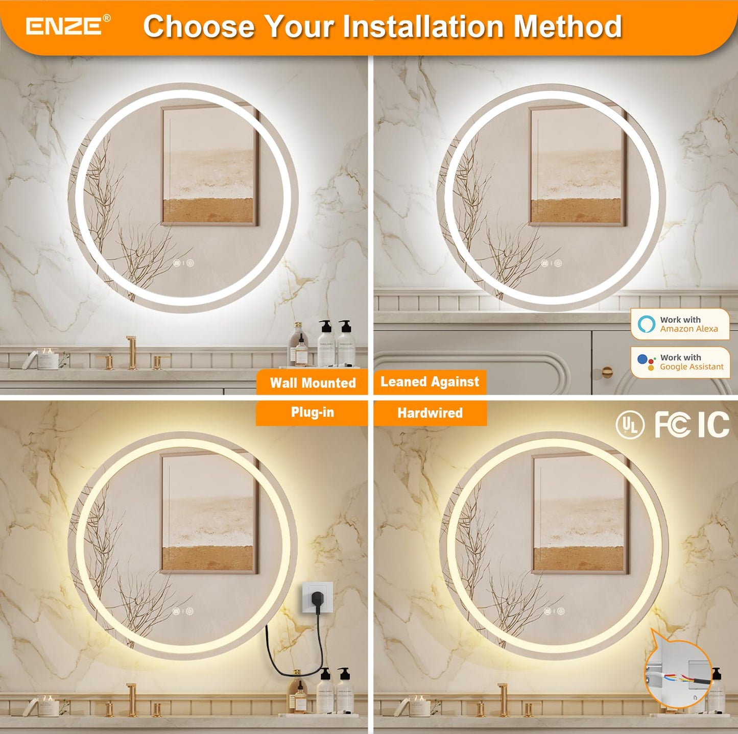 ENZE 24 Inch Round Bathroom Mirror with Lights, Circle LED Mirror, Wall Mounted Lighted Bathroom with 3 Colors,Anti-Fog, Dimmable, Shatter-Proof,Touch Sensor &APP WiFi & Voice Control (Alexa/Google)