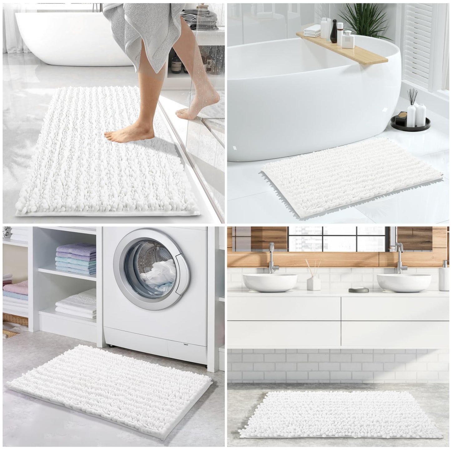 Yimobra Bathroom Rugs Sets 2 Piece - Luxury Chenille Shaggy Bath Mat, Super Absorbent & Non Slip & Quick Dry, Soft Thick Bathroom Carpet for Tub Shower Floor, Machine Washable, 32x20+24x17 Inch, White