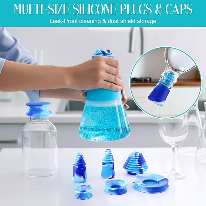 13 Piece Glass Cleaning Kit, Reusable Glass Cleaner Kit with Silicone Brushes, Cleaner Spray, Plugs & Caps, Mat, Folding Funnel, Microfiber Towel & Storage Bag, Effortless Cleaning & Easy Storage