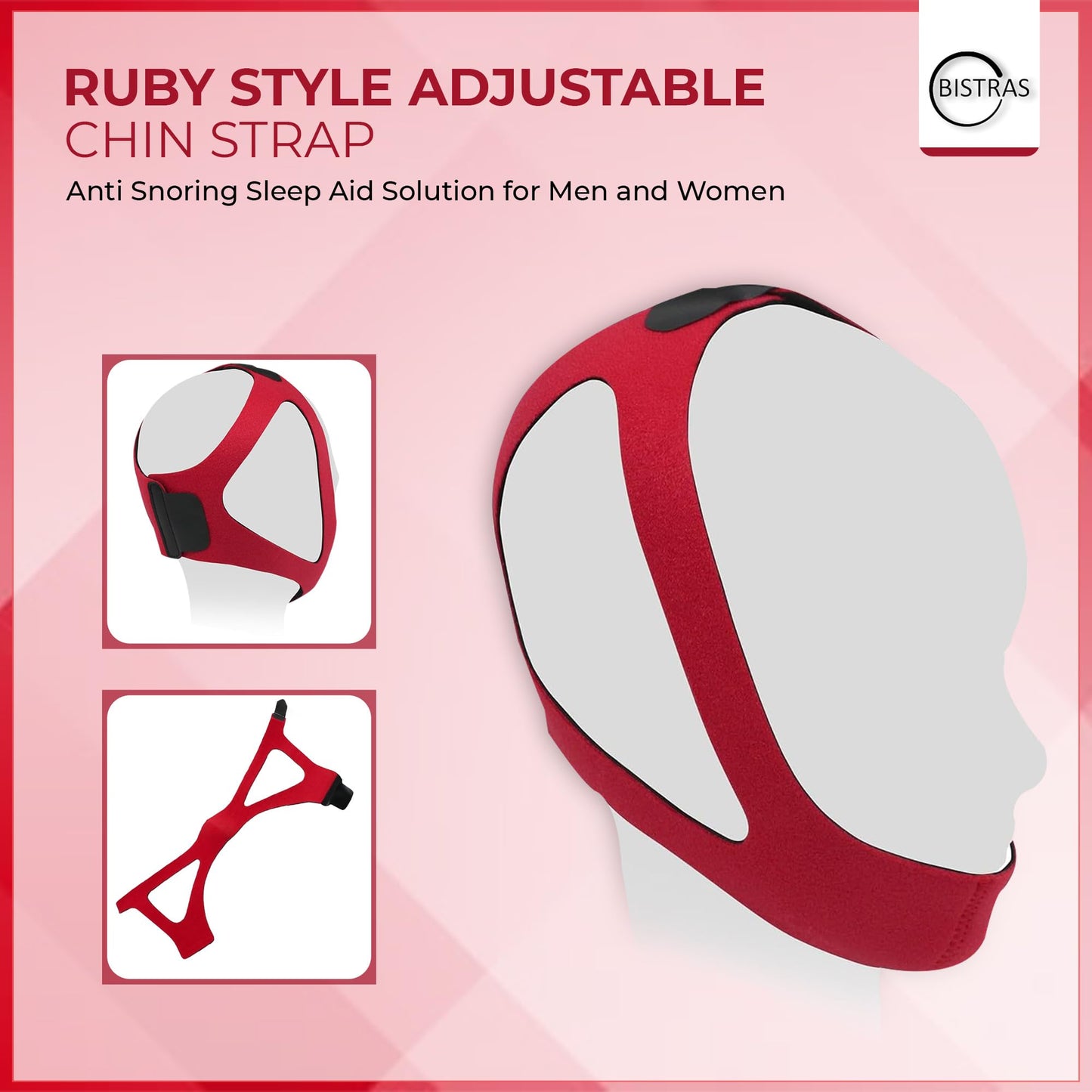Bistras Ruby Style Adjustable Chin Strap for Cpap Users Anti Snoring Chin Strap Effective Sleep Aid Device Great Sleeping Solution for Men and Women Keeps Mouth Closed While Sleeping (Large/ex-Large)