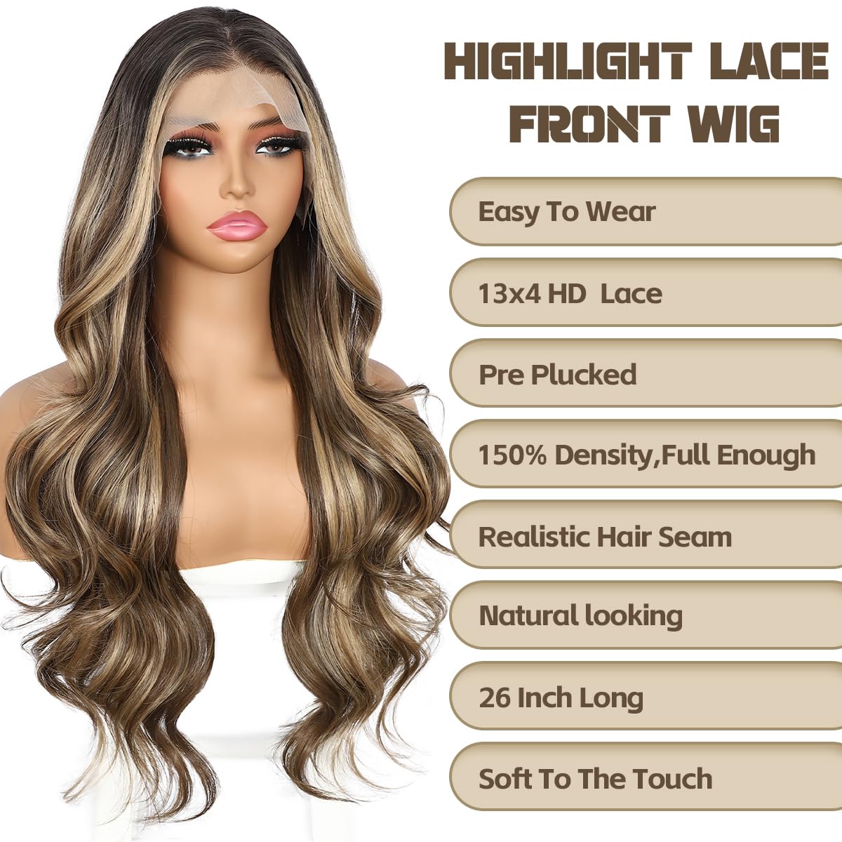 BABEHERS Brown mix Blonde Lace Front Wig for Women 13x4 Body Wave Synthetic Wigs Highlight Pre-plucked Long Wavy 150% Density fo