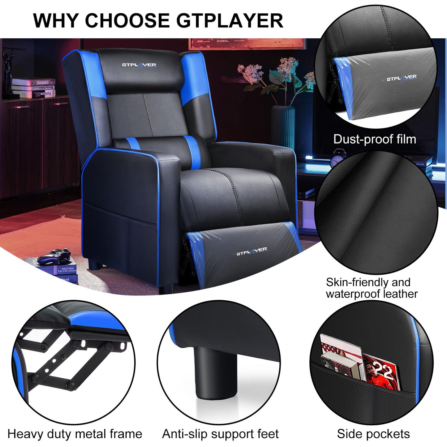 GTPLAYER Gaming Recliner Chair for Living Room Racing Style Single PU Leather Gaming Sofa for Adults Modern Game Recliners Ergonomic Comfortable Home Theater Seating, Blue