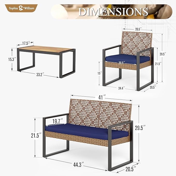 Sophia & William 4 Pieces Patio Conversation Set, Wicker Outdoor Furniture Set for 4, All Weather Outdoor Seating Set, Rattan Loveseat & Chairs with Cushions & Coffee Table，Brown and Navy Blue