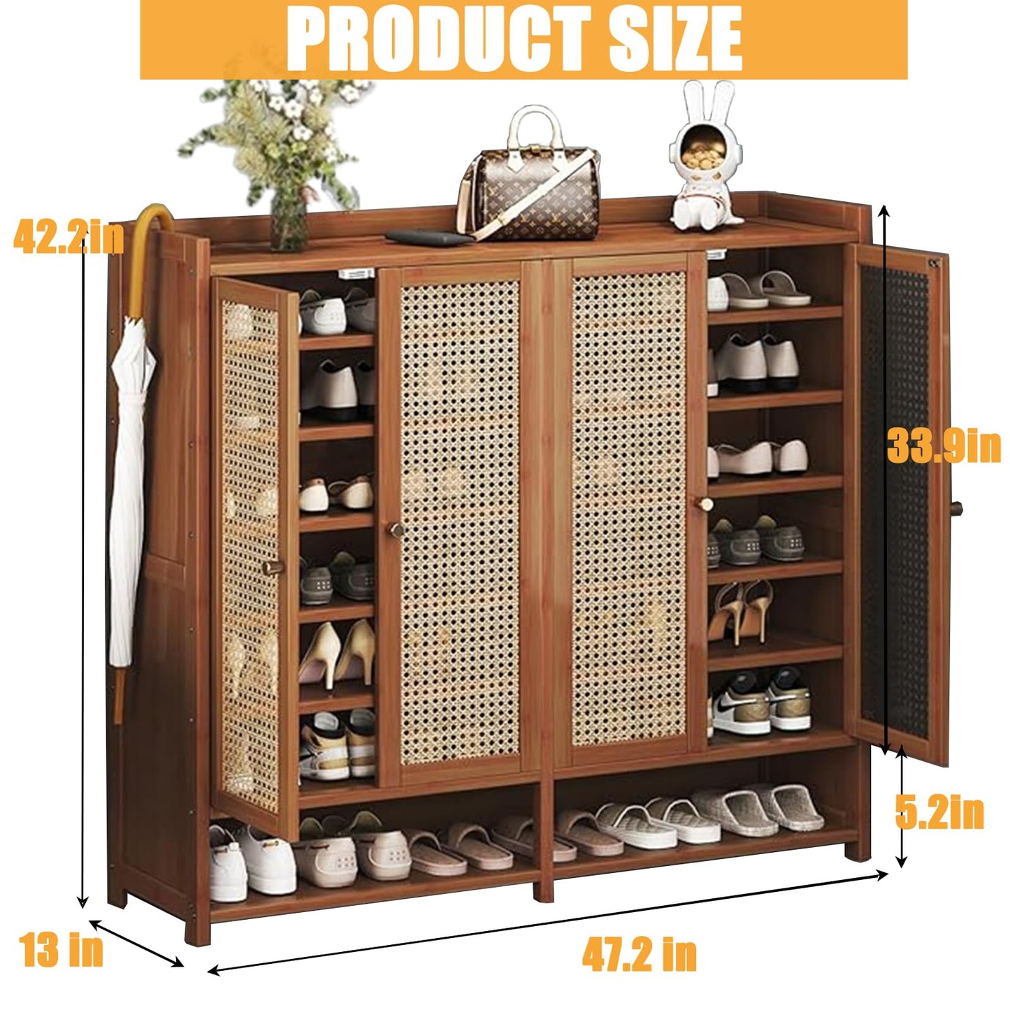lyvcev Bamboo Shoe Cabinet with Doors, 8-Tier Shoe Rack for Closet, 36-40 Pairs Freestanding Shoe Storage Cabinet for Hallway Living Room (Brown)