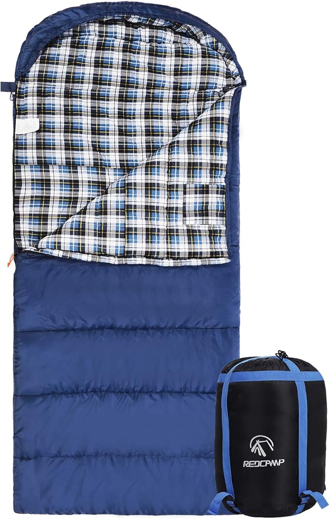 REDCAMP Flannel Sleeping Bag for Adults, Comfortable Cotton Sleeping Bags for Camping with Detachable Hood, Red/Grey/Blue/...