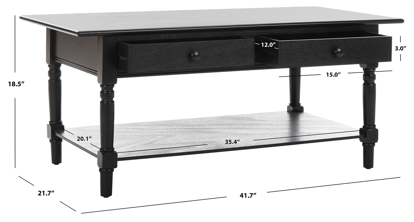 SAFAVIEH Home Collection – Boris Distressed Black Coffee Table with Drawers & Shelf, Farmhouse Storage Coffee Table, Carved Detail Design (AMH5706B)