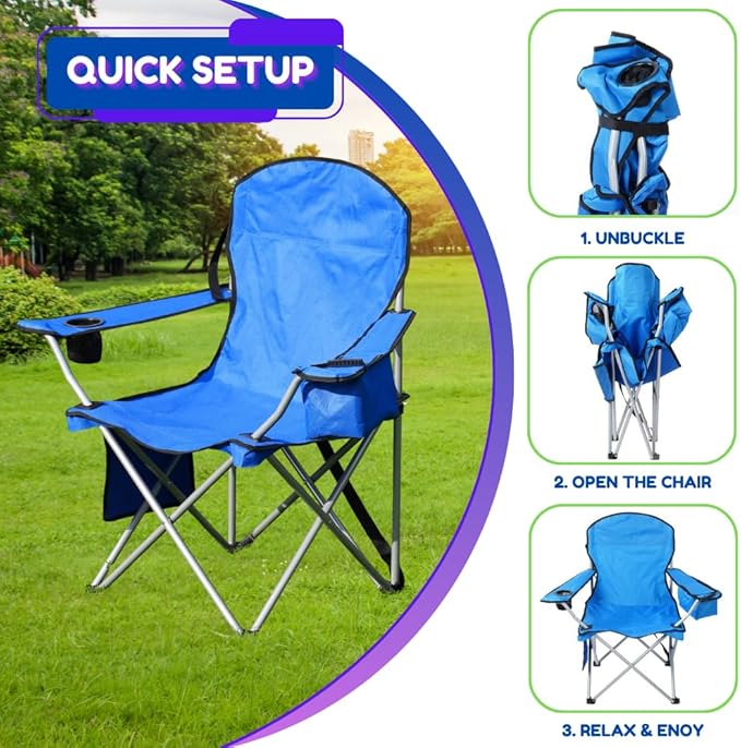EZONE 4-Pack Camping Chairs with Built-in Ice Cooler, Portable Chair, Storage Pocket, Cup Holder, and Carry Bag Perfect for Camping, Tailgating, Fishing, Beach, and Lawn (4, Blue)