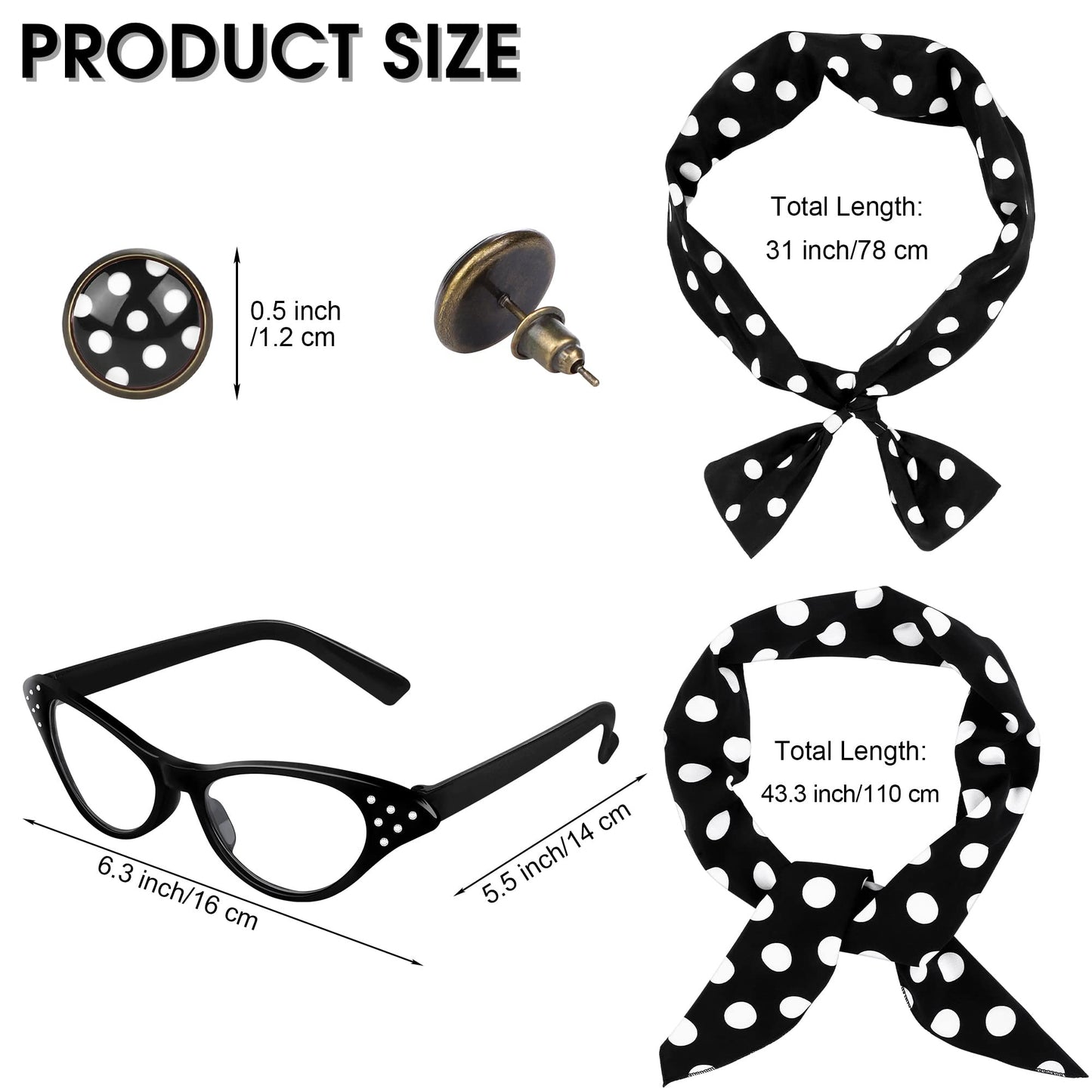 SOMSOC 5 Pieces 1950s Women Pink Satin Jacket with Polka Dot Scarf Headband Earrings Eye Glasses Halloween Party Costume Set