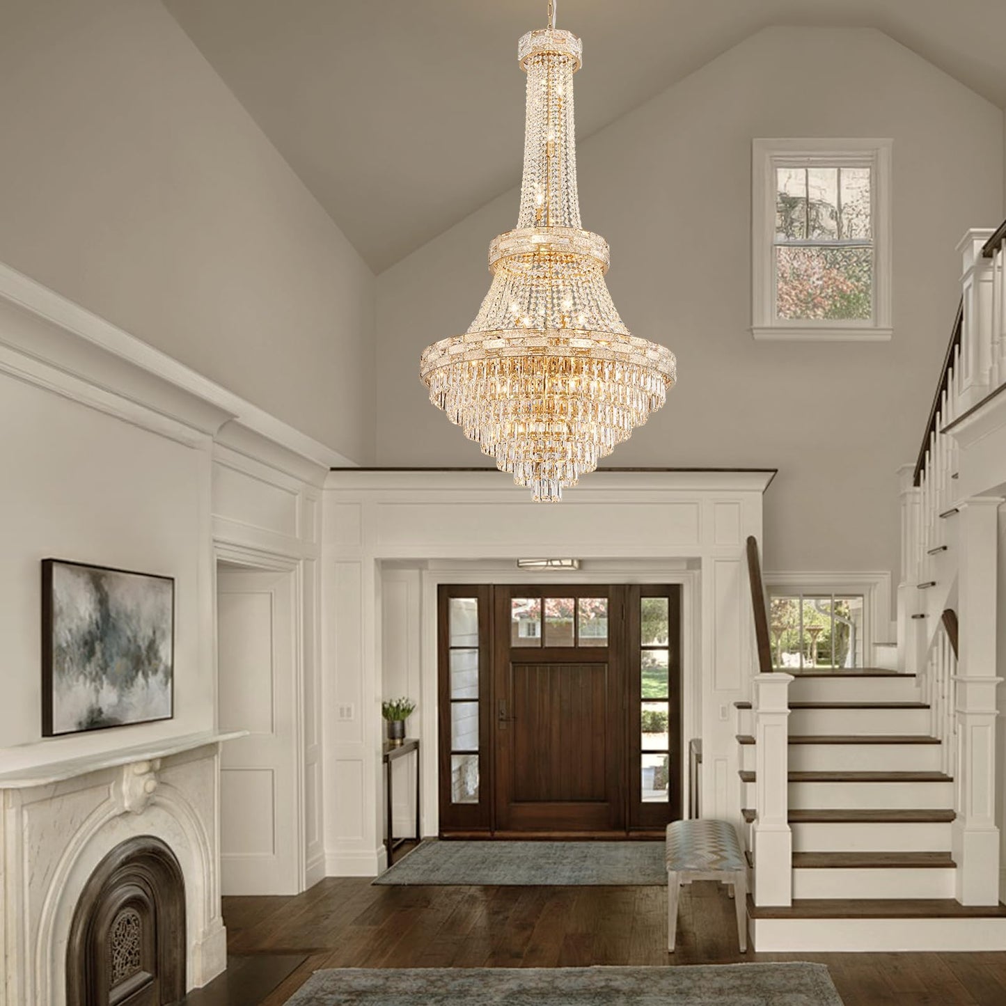 SHAOCHIAO 25-Light Gold Crystal Chandelier, 3-Layer High Ceiling Hanging Chandeliers Modern Large Chandeliers Light Fixture for High Ceilings,Entryway,Foyer,Staircase,Hallway,Living Room(H60 x D31)