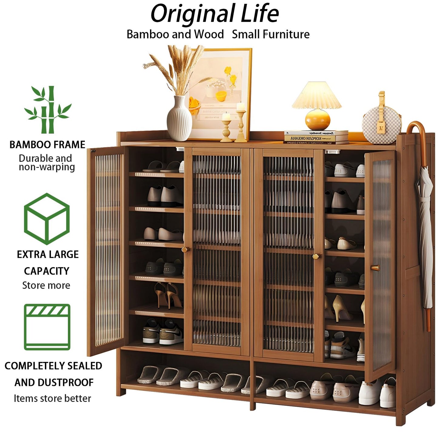 Bamboo Shoe Cabinet, 8-Tier Shoe Storage Cabinet with Doors, Freestanding Bamboo Shoe Rack Organizer with Shelves for Entryway, Hallway, Closet, Living Room (Brown-5)