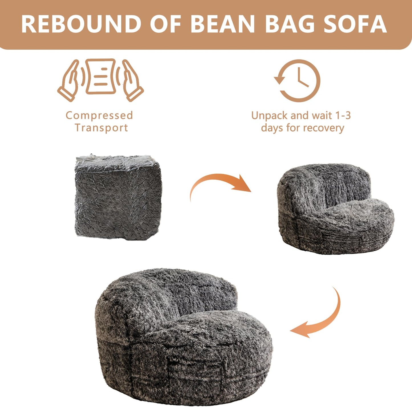 BYBYME Giant Bean Bag Chair, Faux Fur Bean Bag Couch with Filler Large Living Room Bean Bag Chairs for Adults, Big Lazy Sofa Accent Chair with Pocket Floor Chair