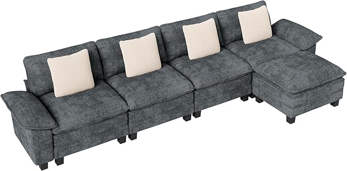MIXPATIO 157-Inch L Shaped Sectional Sofa with Cloud Cushions, Deep Seat Modular Couch Set w/ 5 Seats & 1 Ottomans, Removable Arms, Plush Chenille Upholstery for Living Room, Apartment - Cyan