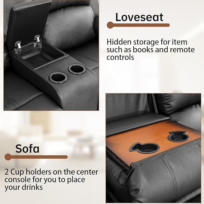 Saxum Tegmen Living Room Furniture Sets, 3 Pieces Sectional Leather Couch Set, Adjustable Recliner Sofa Sets for Living Room/Office (Chair, Loveseat & Sofa, Black)