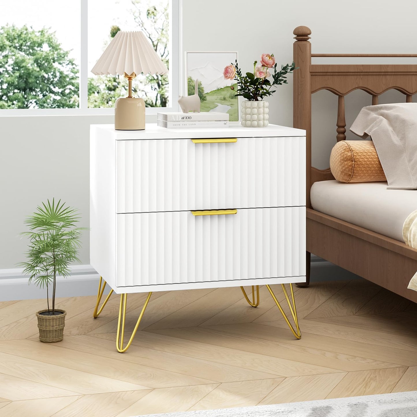 Sscaktu 7 Drawer Dresser and Nightstand Sets for Bedroom, 3 Pcs Bedroom Set，Night Stand Set of 2 & 7 Drawer Dresser with Gold Handles, Modern Wood Chest of Drawers Storage Cabinet Set, White