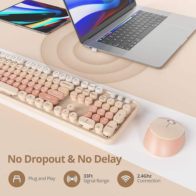 Wireless Keyboard and Mouse Set, Retro Typewriter Keyboard, 2.4GHz Full Size 104-Key Cute Keyboard with Number Pad, Colorful Keyboard with Round Keycaps for Windows PC Laptop(Brown)