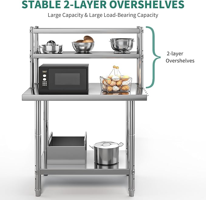YITAHOME NSF Stainless Steel Table with Overshelves, 30" X 24" Work Table with 30" X 12" Shelf, Metal Table Prep Table for Home Kitchen Restaurant Garage Warehouse