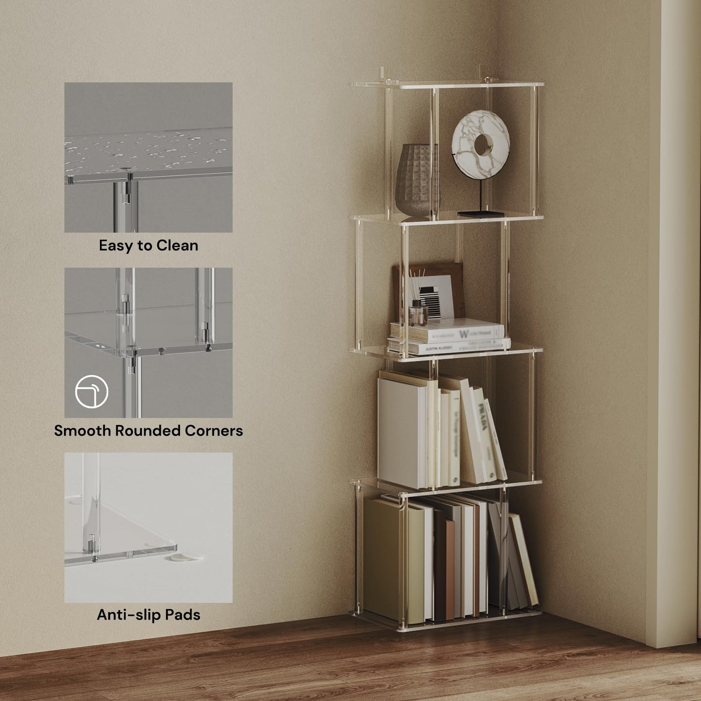 CRTERICX Acrylic Geometric Bookshelf for Small Spaces, 5-Tier Clear S Shaped Bookcase, Modern Open Book Shelf for Living Room, Bedroom, Office, 9.3" D x 15.6" W x 48.8" H, Easy Assembly