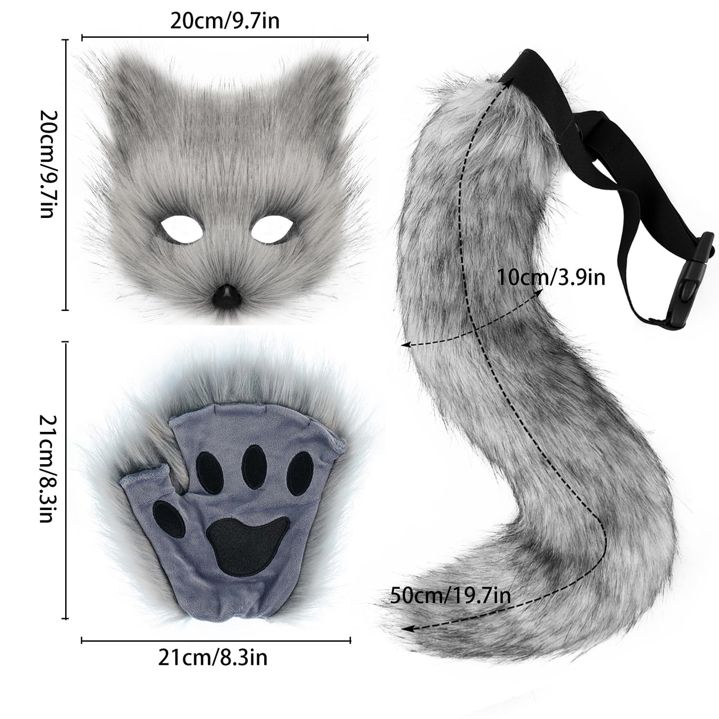 Adolala Faux Fur Fox Tail Cat Wolf Cosplay Costume Set Plush Mask Fluffy Paw Gloves Halloween Christmas Party for Girls Women