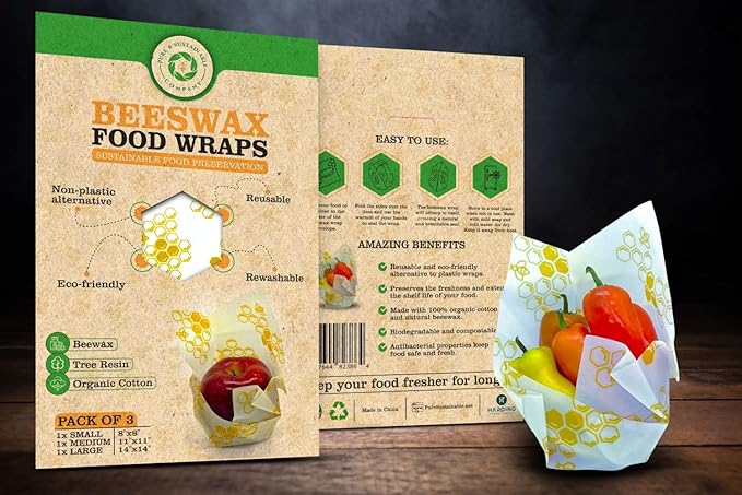 Pure & Sustainable Company® Beeswax Wraps – Pattern 3-Pack | Reusable Food Storage (8x8, 11x11, 14x14) – Eco-Friendly Plastic Wrap Alternative Beeswax Wraps for Food Storage (Honeycomb Print)