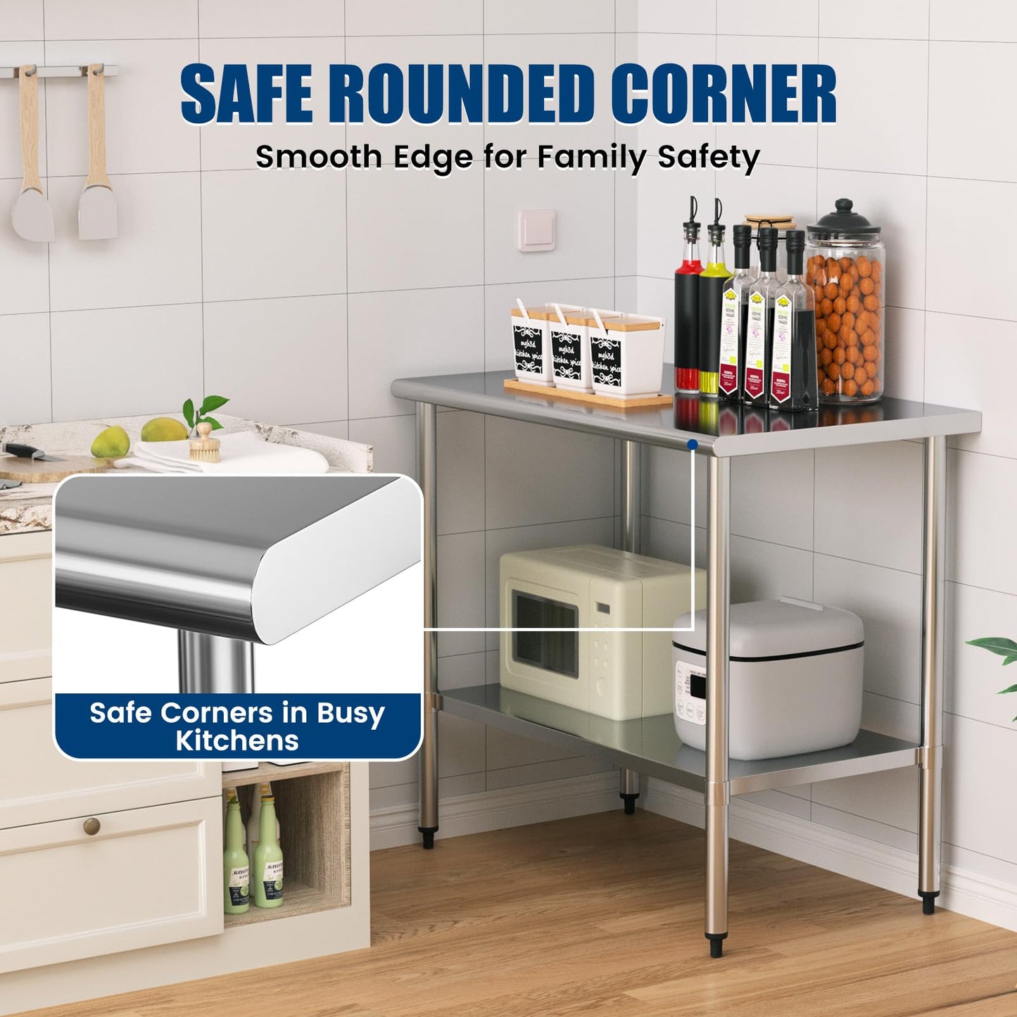 Stainless Steel Work Table 24 x 48 Inch with Adjustable Undershelf, Heavy-Duty Metal Prep Table for Commercial Kitchen & Restaurant, Garage, Outdoor