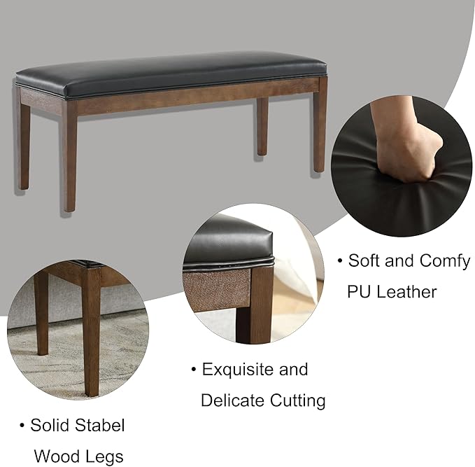 DM Furniture PU Leather Dining Bench Upholstered Entryway Bench Farmhouse Shoe Bench Seat Ottoman for Hallway Living Room Bedroom End of Bed Dining Room Kitchen, 45.5" Long, Black