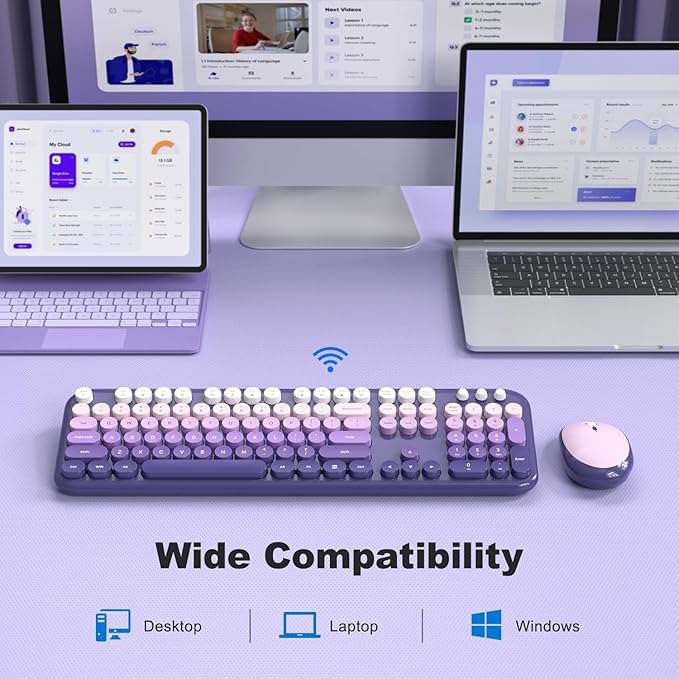 Wireless Keyboard and Mouse Combo, 104 Keys Full Size Typewriter Keyboards and 2.4 GHz USB Receiver Plug Play Mouse for Windows, PC, Laptop, Desktop (Purple)