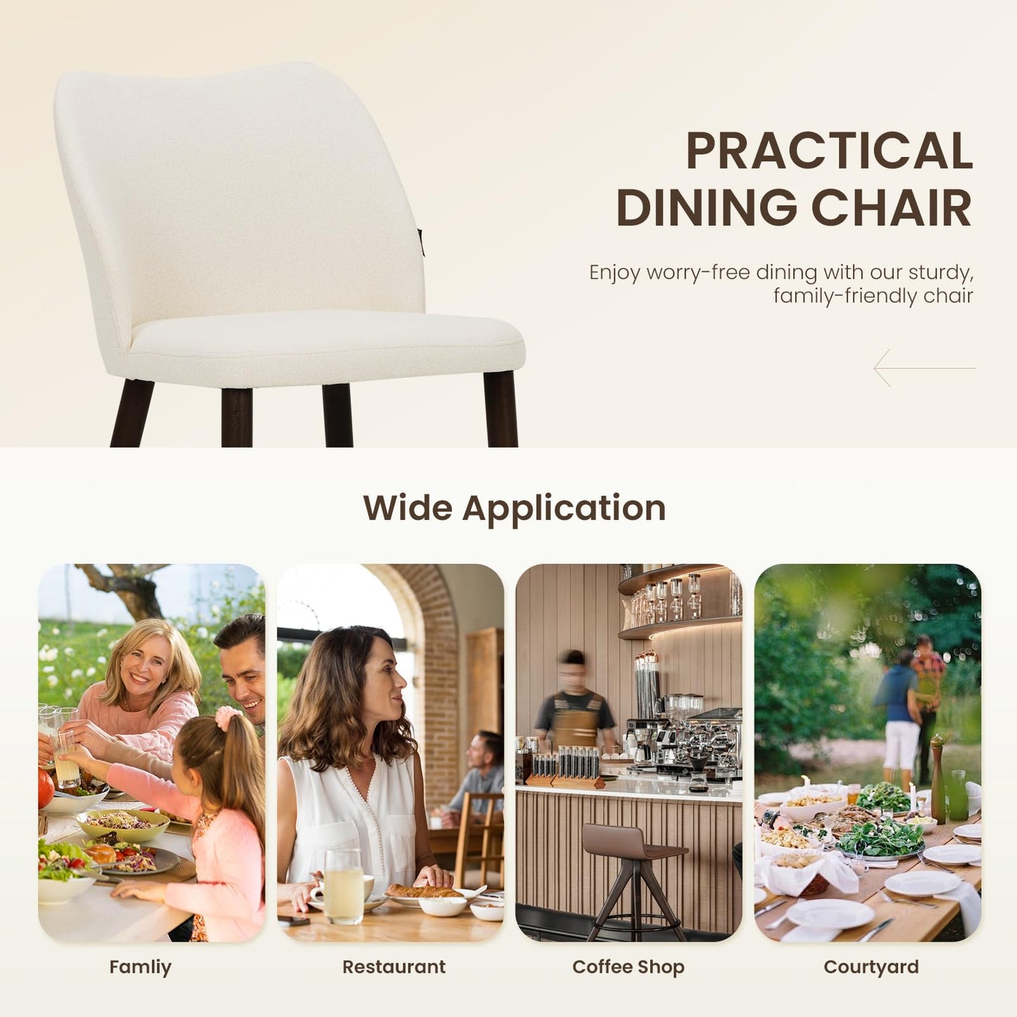 Wooden Dining Chairs Set of 2, Upholstered Kitchen Dining Room Chair, Modern Fabric Farmhouse Dinner Chair for Restaurant & Cafe, Beige