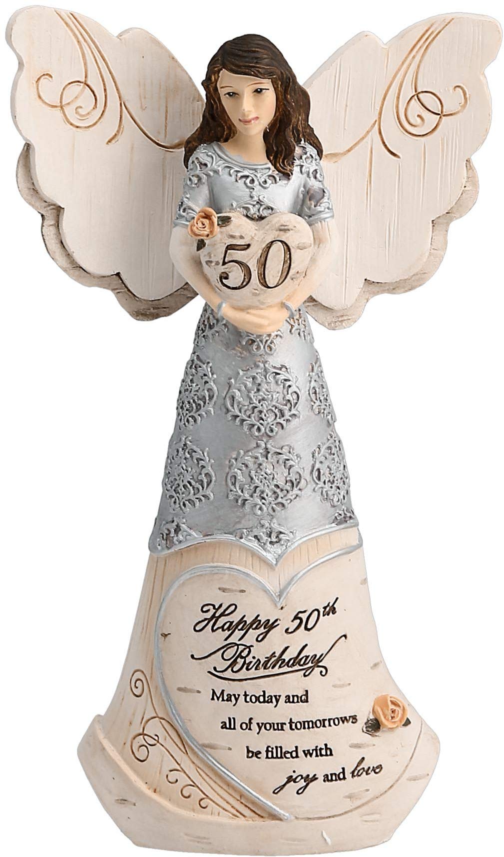 Pavilion - 50th Birthday - 6" Angel Holding 50th Heart,Beige/Silver