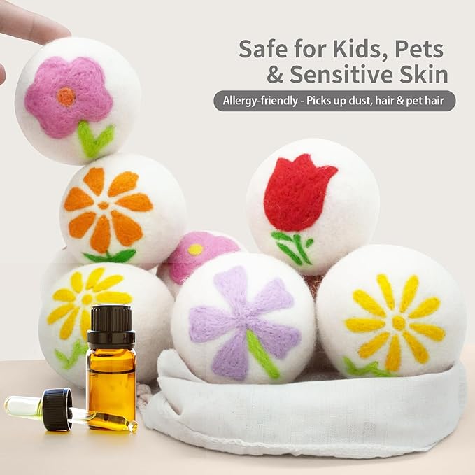 Wool Dryer Balls 6-Pack XL - Unique Petal Embroidery, Natural Reusable Laundry Fabric Softener, Reduces Wrinkles & Drying Time, Hypoallergenic & Leaves Fabrics Naturally Soft and Fluffy