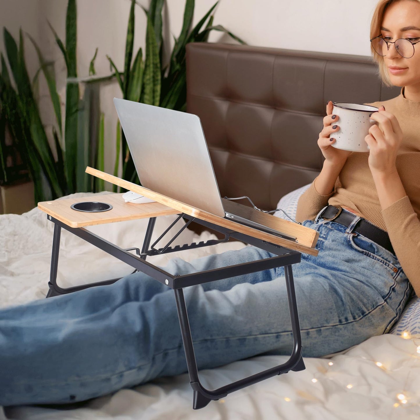 CHURRUP Laptop Lap Desk - Foldable Bamboo Lap Desk with Cup Holder & Breakfast Tray for Bed,Couch, Floor - Working, Eating & More