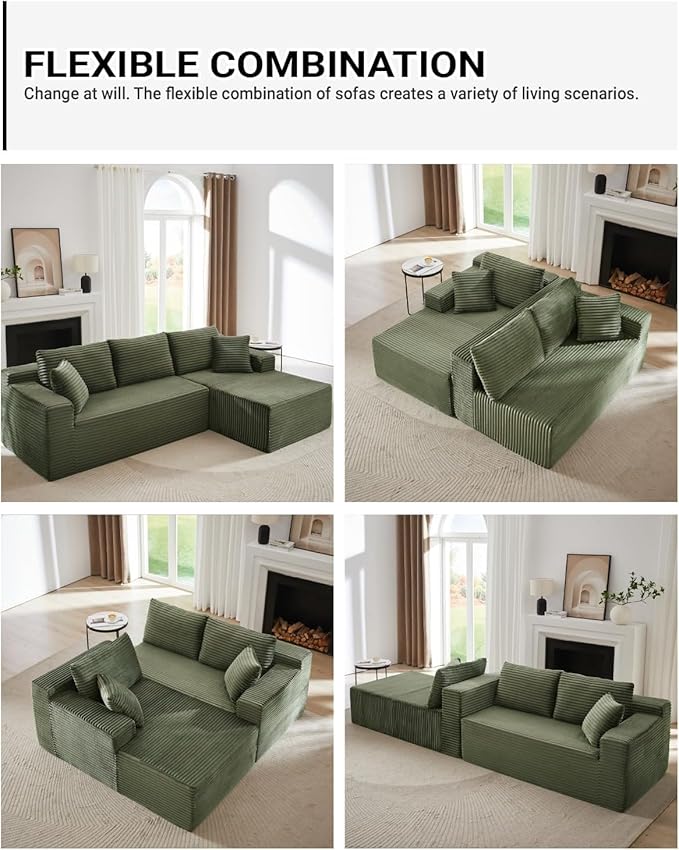 Vanress Cloud Couch Sectional, Corduroy Boneless Couch with L-Shape Chaise, Modern Modular Sectional Sofa Comfy Deep Seat for Living Room, Bedroom, No Assembly (Green, Right Facing Chaise)