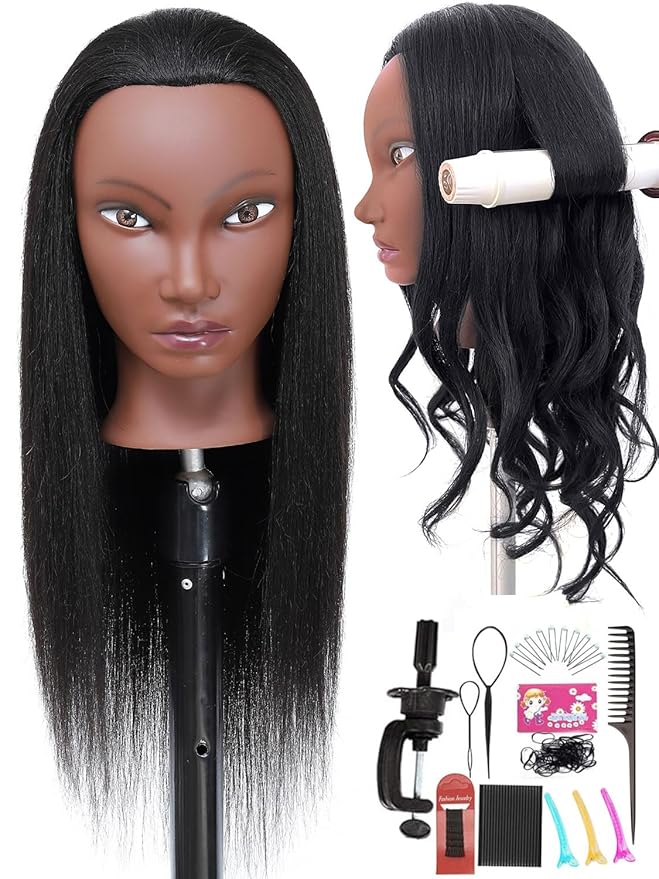 Mannequin Head Human Hair for Cosmetology, Manikin Head with 80% Real Hair for Styling Doll Head Braiding Practice Black Mannequin Heads Hairdresser Hairstylist Kids with Free Clamp Holder