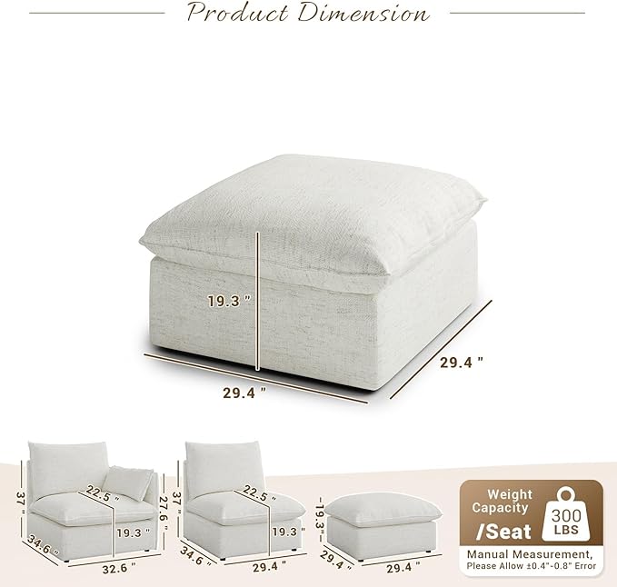 Forest aesthetics Cloud Modular Sectional,Ottoman Waterproof High Backrest Sectional Sofas,Down Filled Modular Couch with Removable Washable Cover for Living Room,Cream White